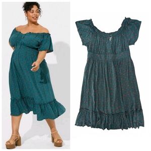 Torrid Green Floral Challis Off The Shoulder Midi Dress Size 4X Spring Pockets